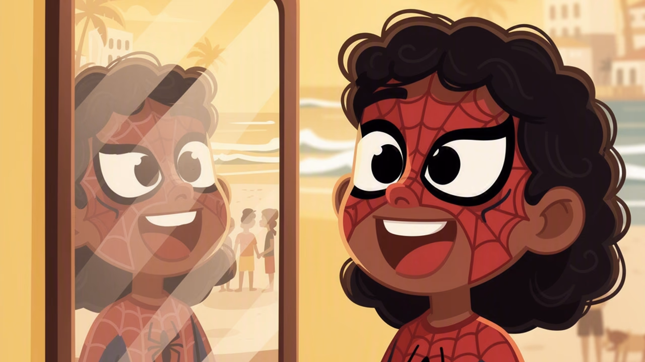 Criança sorrindo diante do espelho com maquiagem de super-herói pintada no rosto