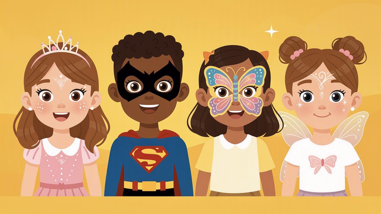 Quatro crianças lado a lado com maquiagens de princesa, super-herói, borboleta e fada